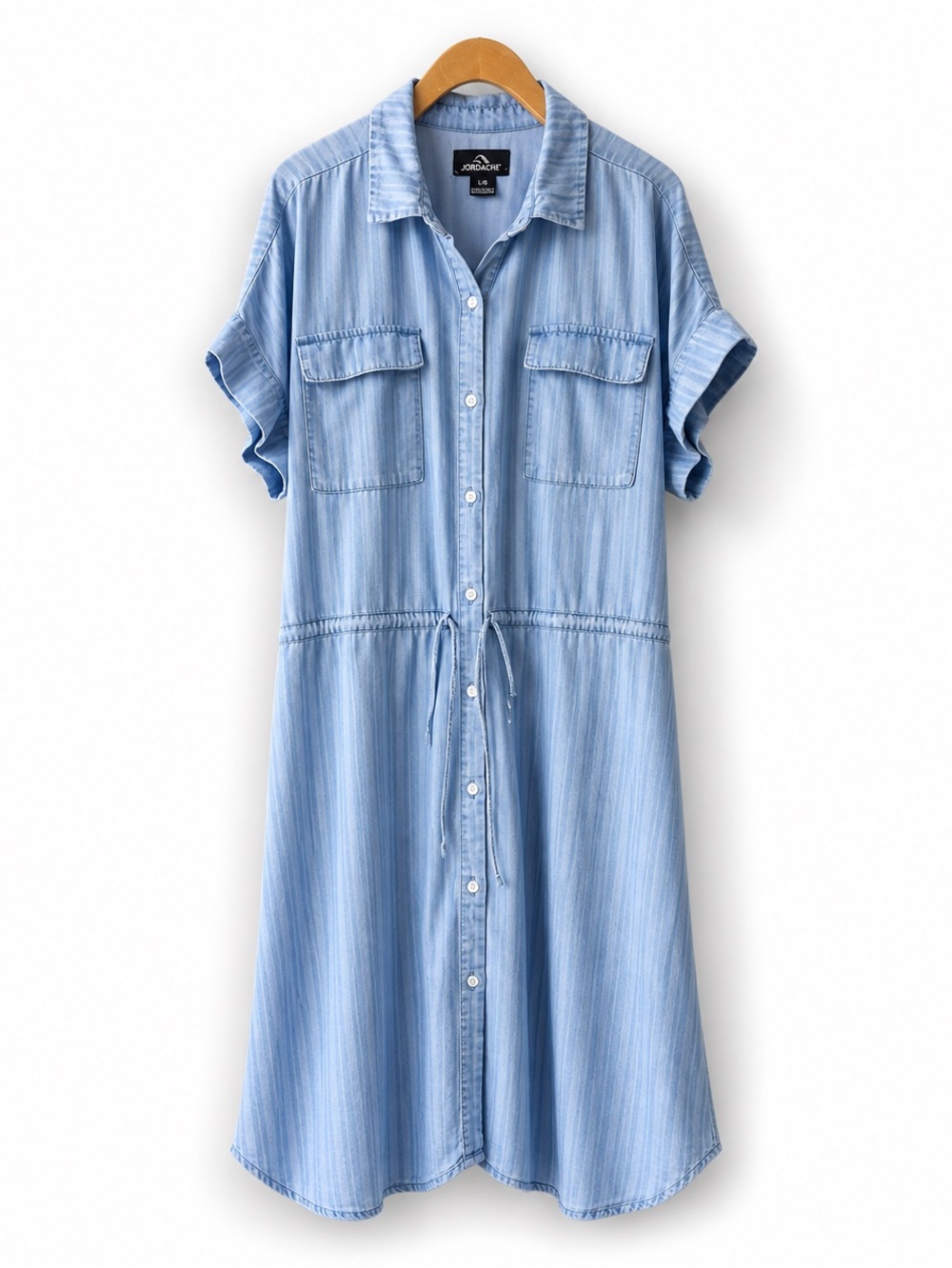 JORDACHE Chambray Shirt Dress Blue Striped Button Front Tie Waist